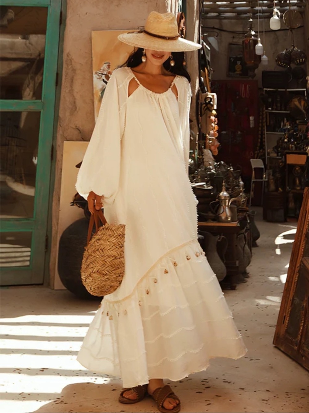 Boho Cream Maxi Dress with Puff Sleeves NWT